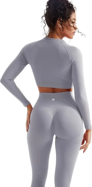 SUUKSESS Women 2 Piece Workout Sets Hidden Scrunch Butt Lifting Seamless Leggings Long Sleeve Yoga Crop Tops