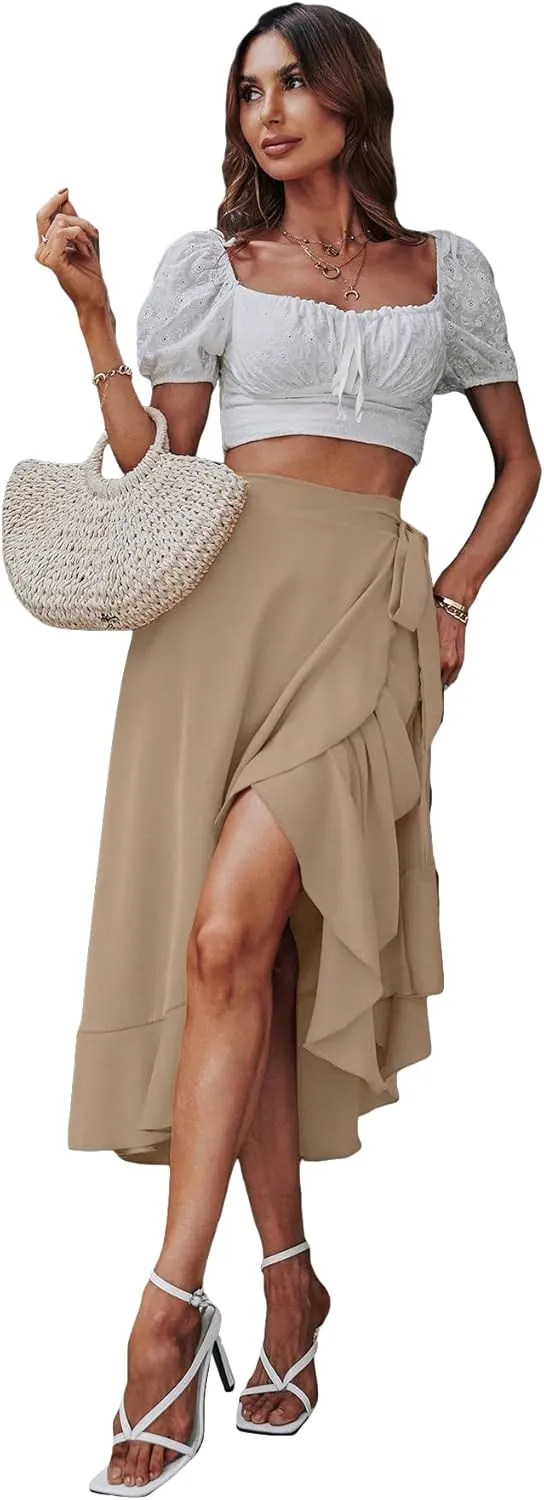 SweatyRocks Women's Elegant Slit Wrap Asymmetrical High Waist Long Skirt A-line Casual Loose Draped Flowy Skirts