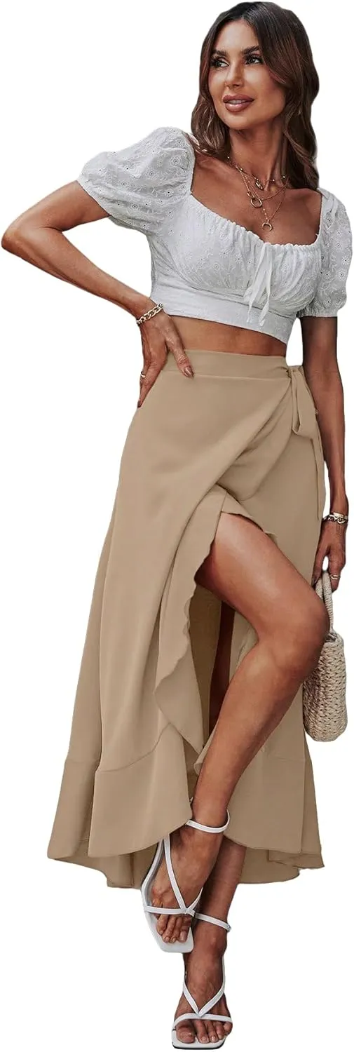 SweatyRocks Women's Elegant Slit Wrap Asymmetrical High Waist Long Skirt A-line Casual Loose Draped Flowy Skirts