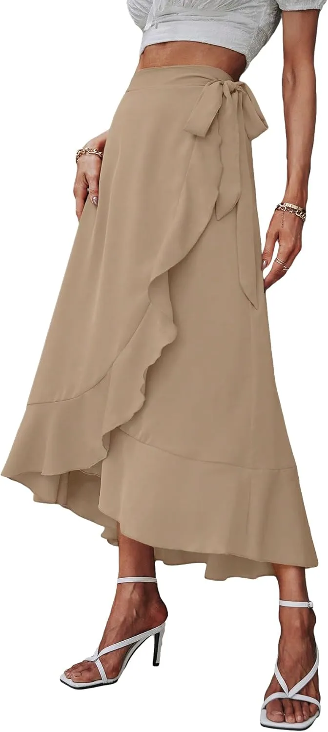 SweatyRocks Women's Elegant Slit Wrap Asymmetrical High Waist Long Skirt A-line Casual Loose Draped Flowy Skirts