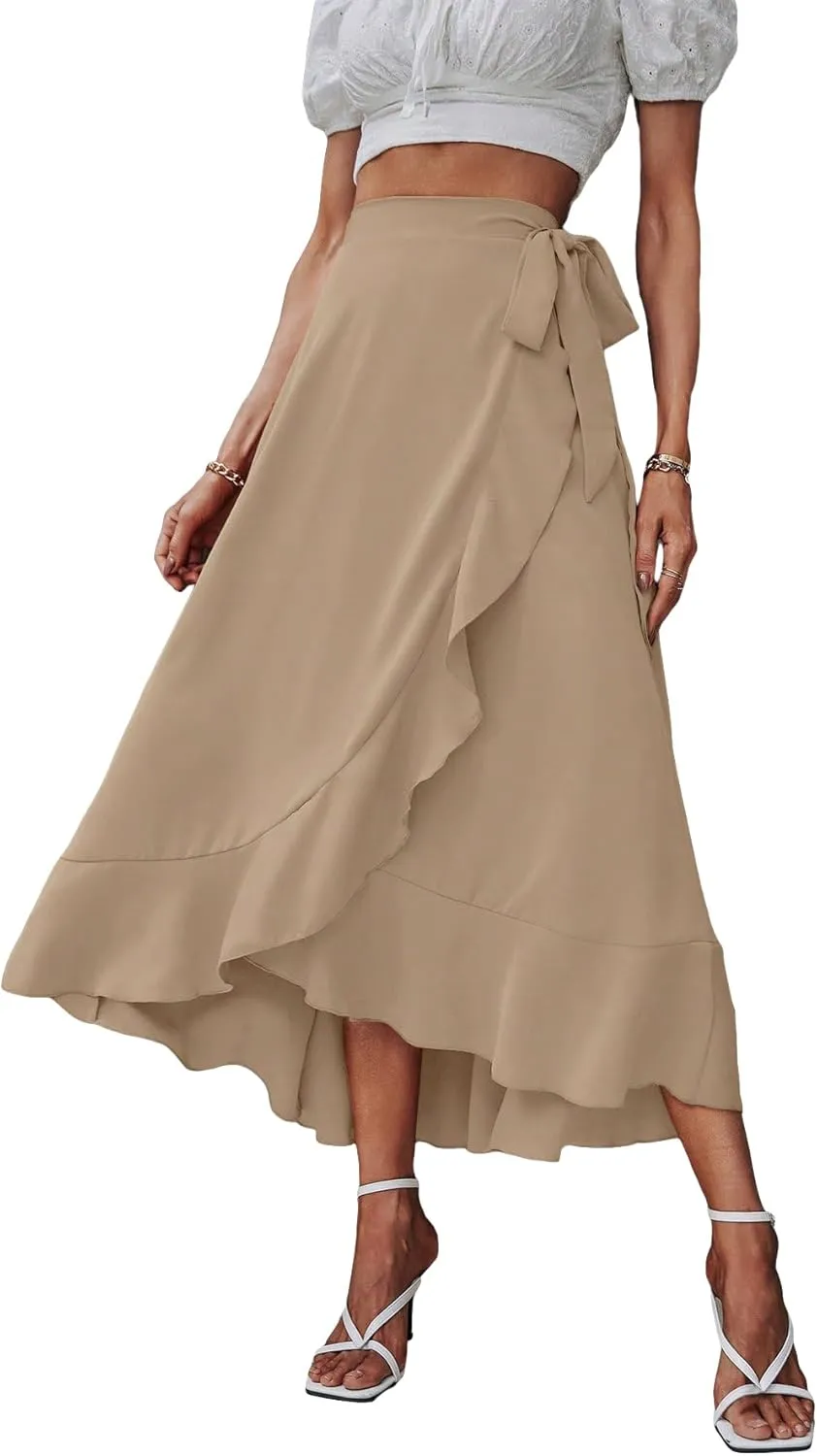 SweatyRocks Women's Elegant Slit Wrap Asymmetrical High Waist Long Skirt A-line Casual Loose Draped Flowy Skirts