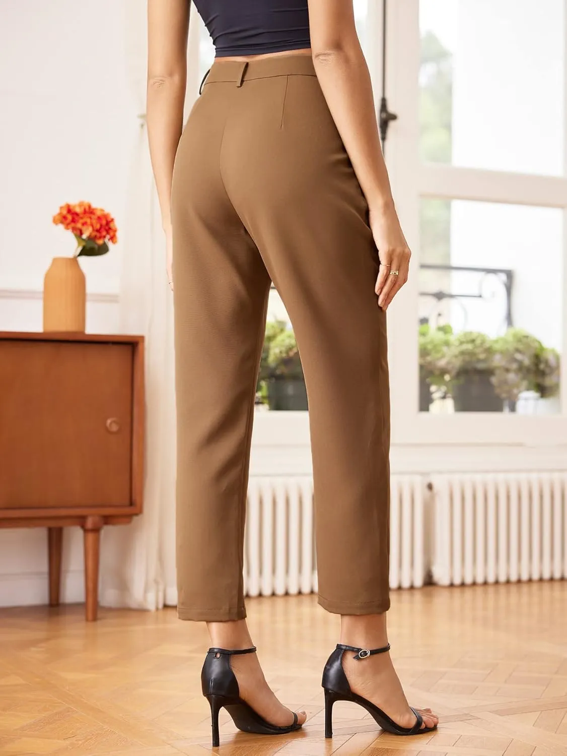 SweatyRocks Women's High Waist Button Pleated Cropped Pants Elegant Office Suit Pants Trousers with Pocket