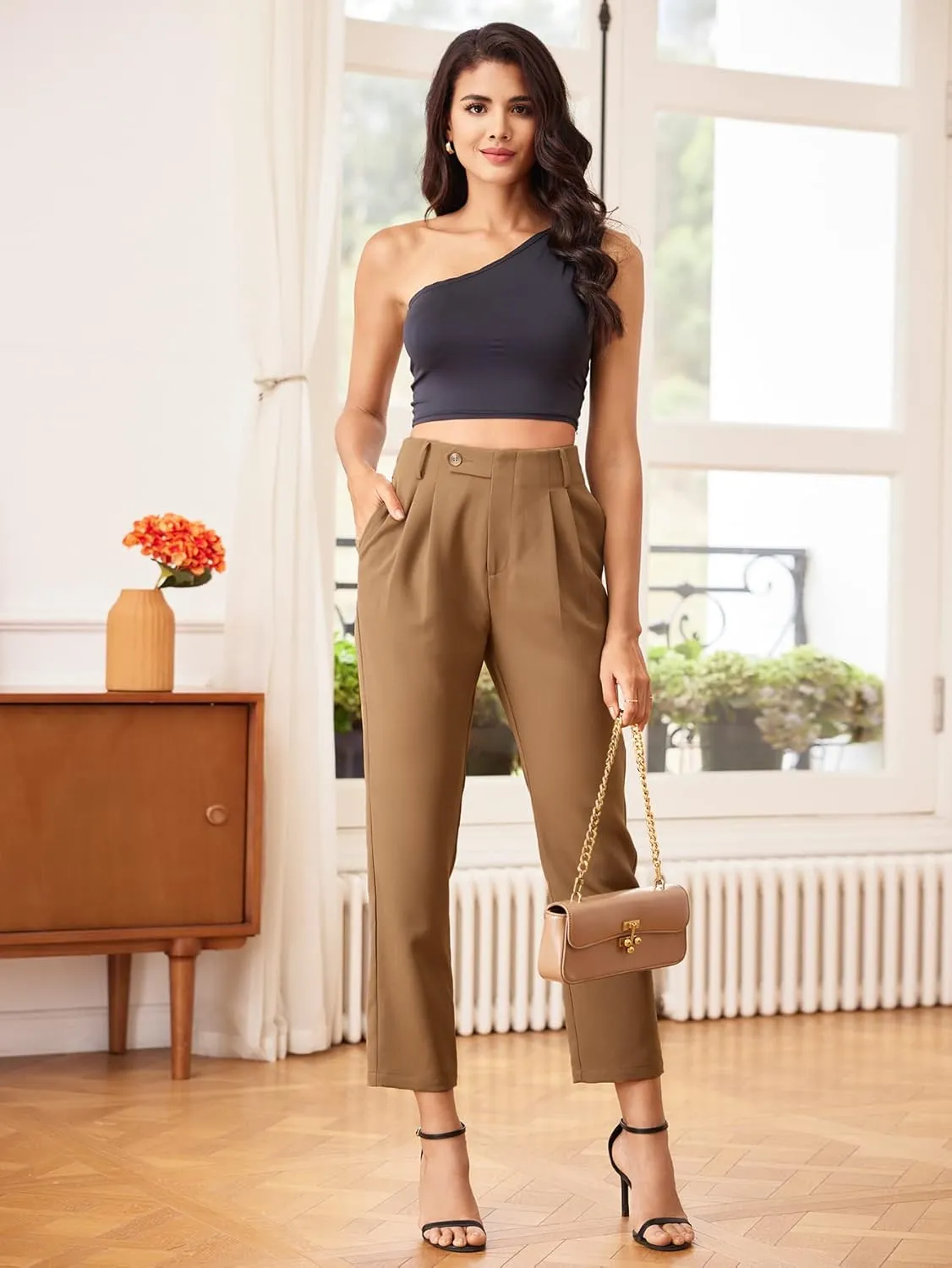 SweatyRocks Women's High Waist Button Pleated Cropped Pants Elegant Office Suit Pants Trousers with Pocket