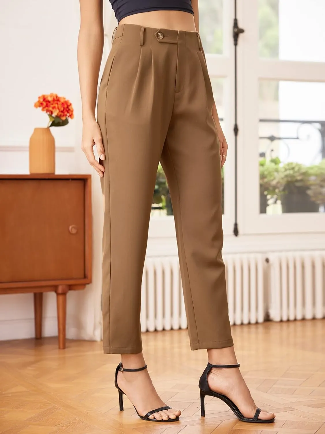 SweatyRocks Women's High Waist Button Pleated Cropped Pants Elegant Office Suit Pants Trousers with Pocket