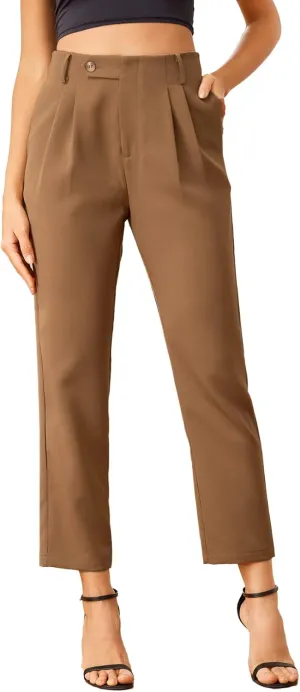 SweatyRocks Women's High Waist Button Pleated Cropped Pants Elegant Office Suit Pants Trousers with Pocket