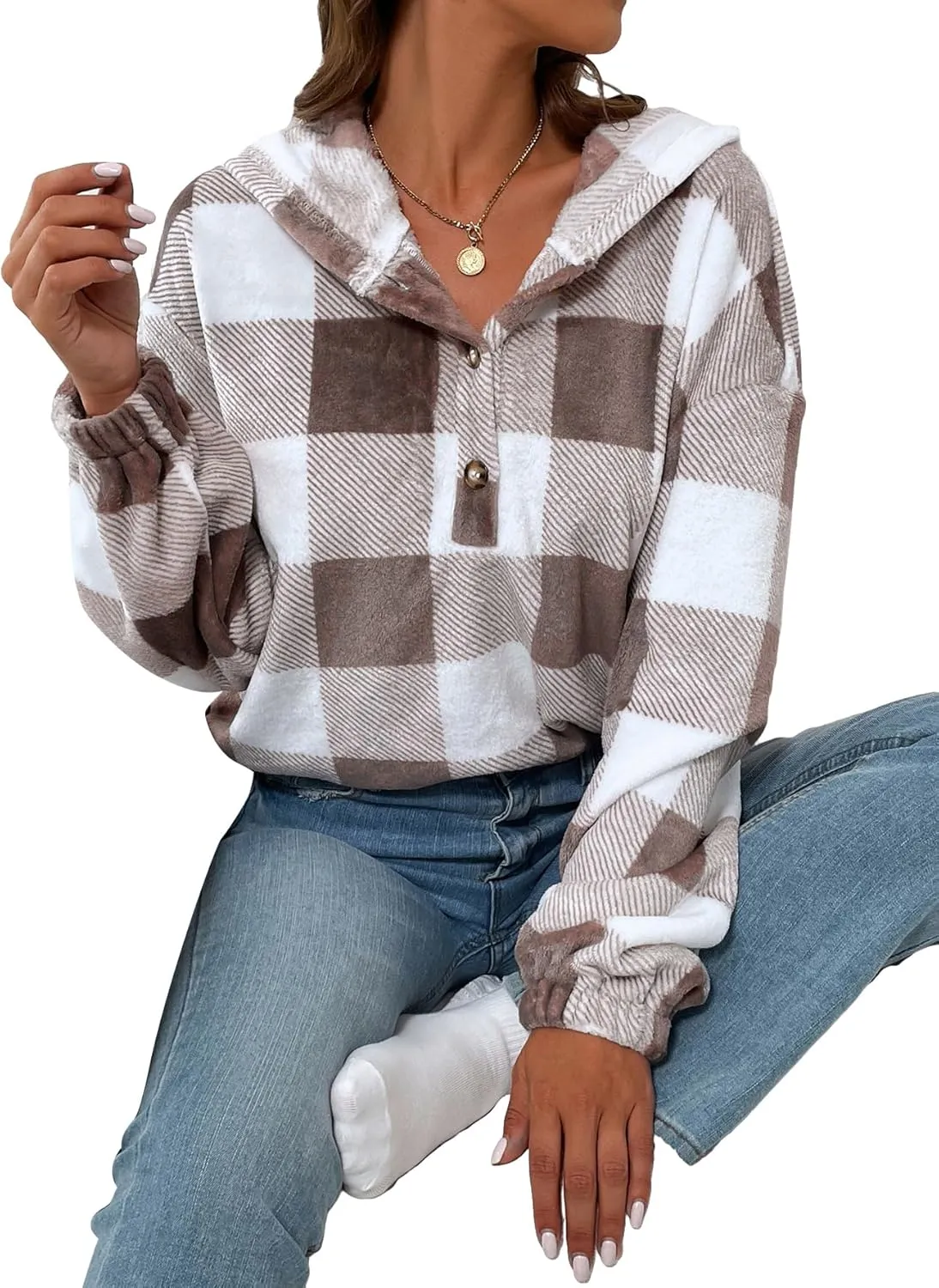 SweatyRocks Women's Plaid Print Half Button Hoodie Casual Drop Shoulder Oversized Flannel Sweatshirt