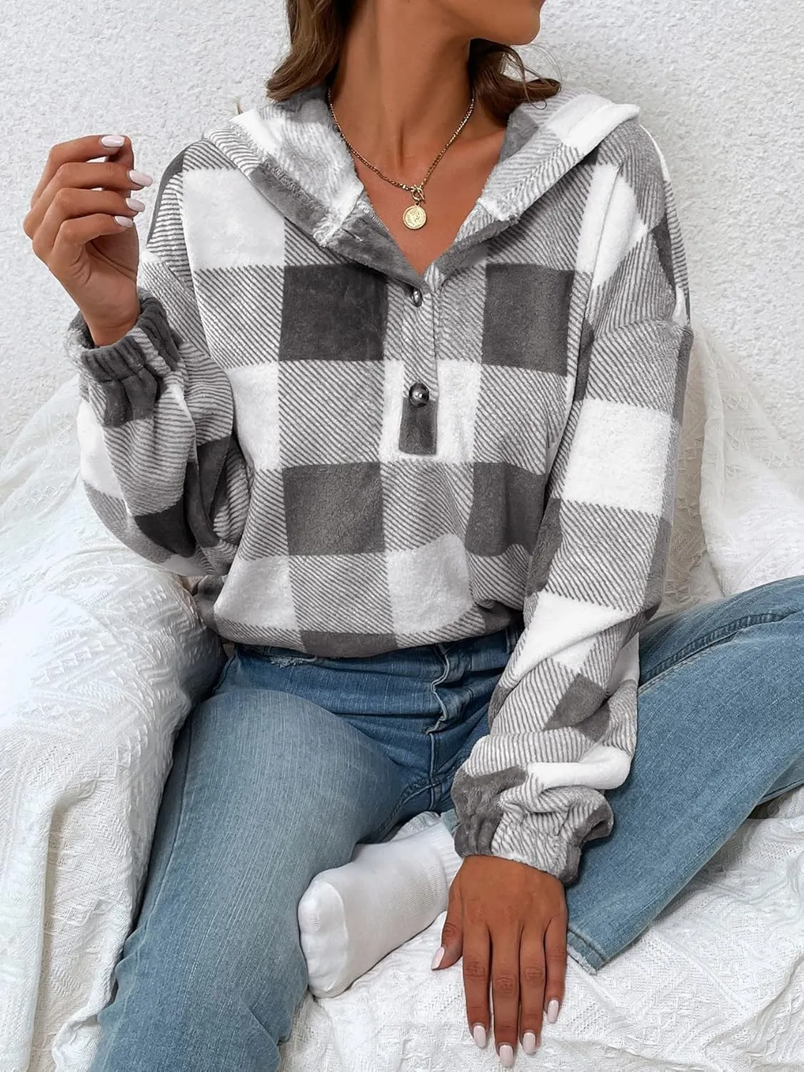 SweatyRocks Women's Plaid Print Half Button Hoodie Casual Drop Shoulder Oversized Flannel Sweatshirt