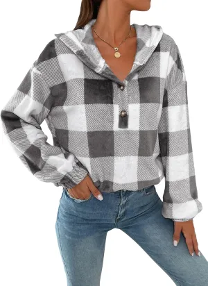 SweatyRocks Women's Plaid Print Half Button Hoodie Casual Drop Shoulder Oversized Flannel Sweatshirt