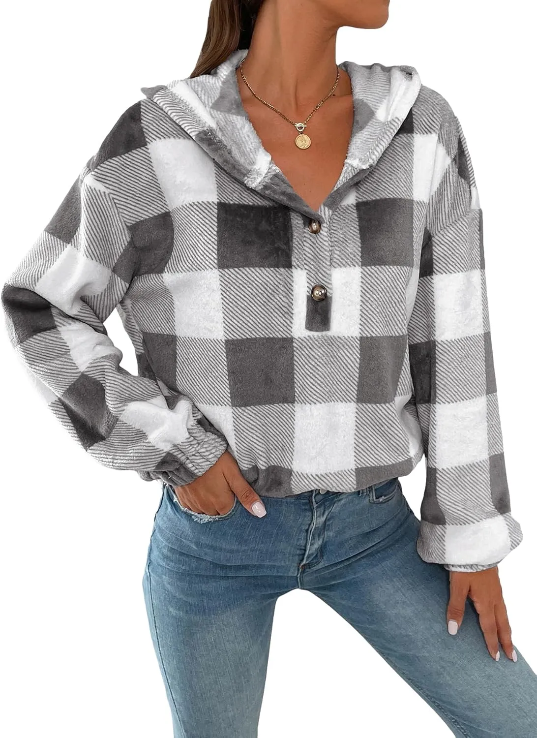 SweatyRocks Women's Plaid Print Half Button Hoodie Casual Drop Shoulder Oversized Flannel Sweatshirt