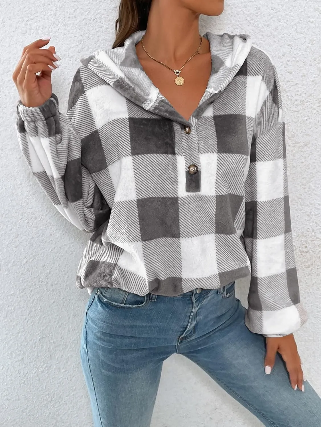 SweatyRocks Women's Plaid Print Half Button Hoodie Casual Drop Shoulder Oversized Flannel Sweatshirt