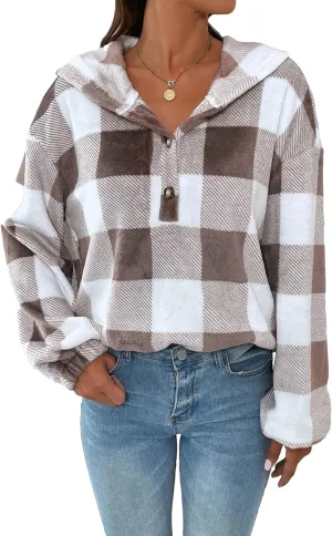 SweatyRocks Women's Plaid Print Half Button Hoodie Casual Drop Shoulder Oversized Flannel Sweatshirt