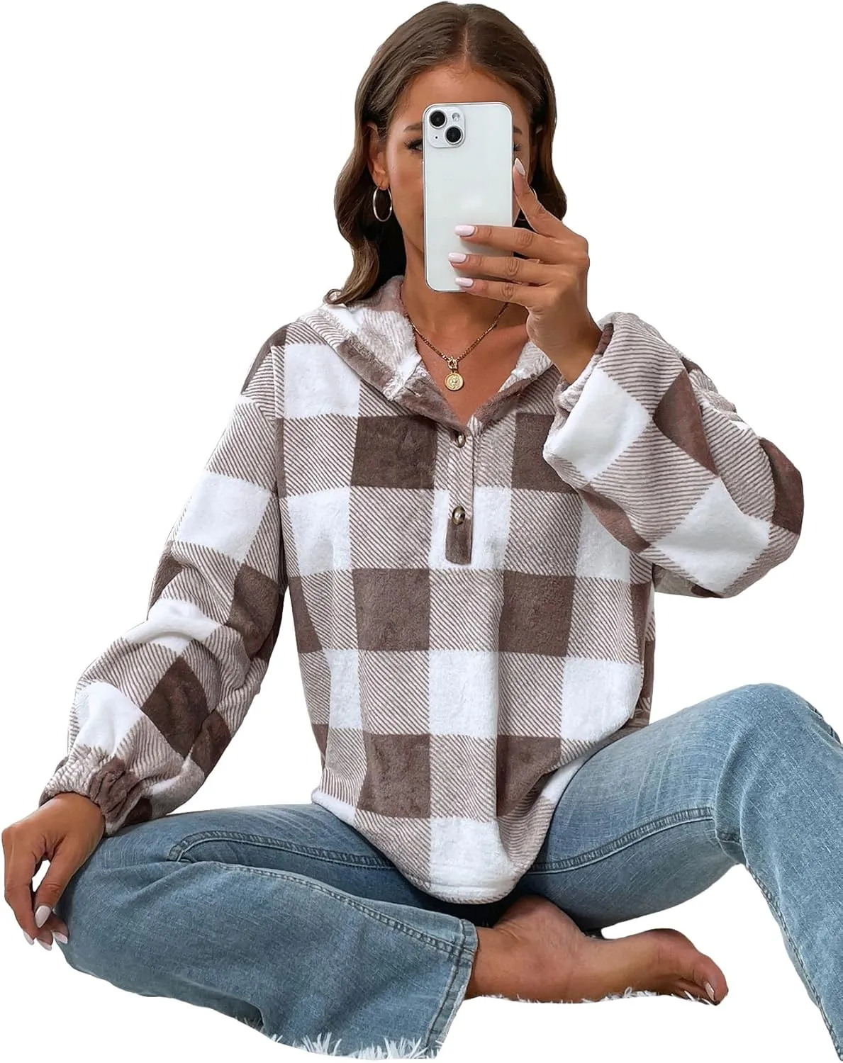 SweatyRocks Women's Plaid Print Half Button Hoodie Casual Drop Shoulder Oversized Flannel Sweatshirt