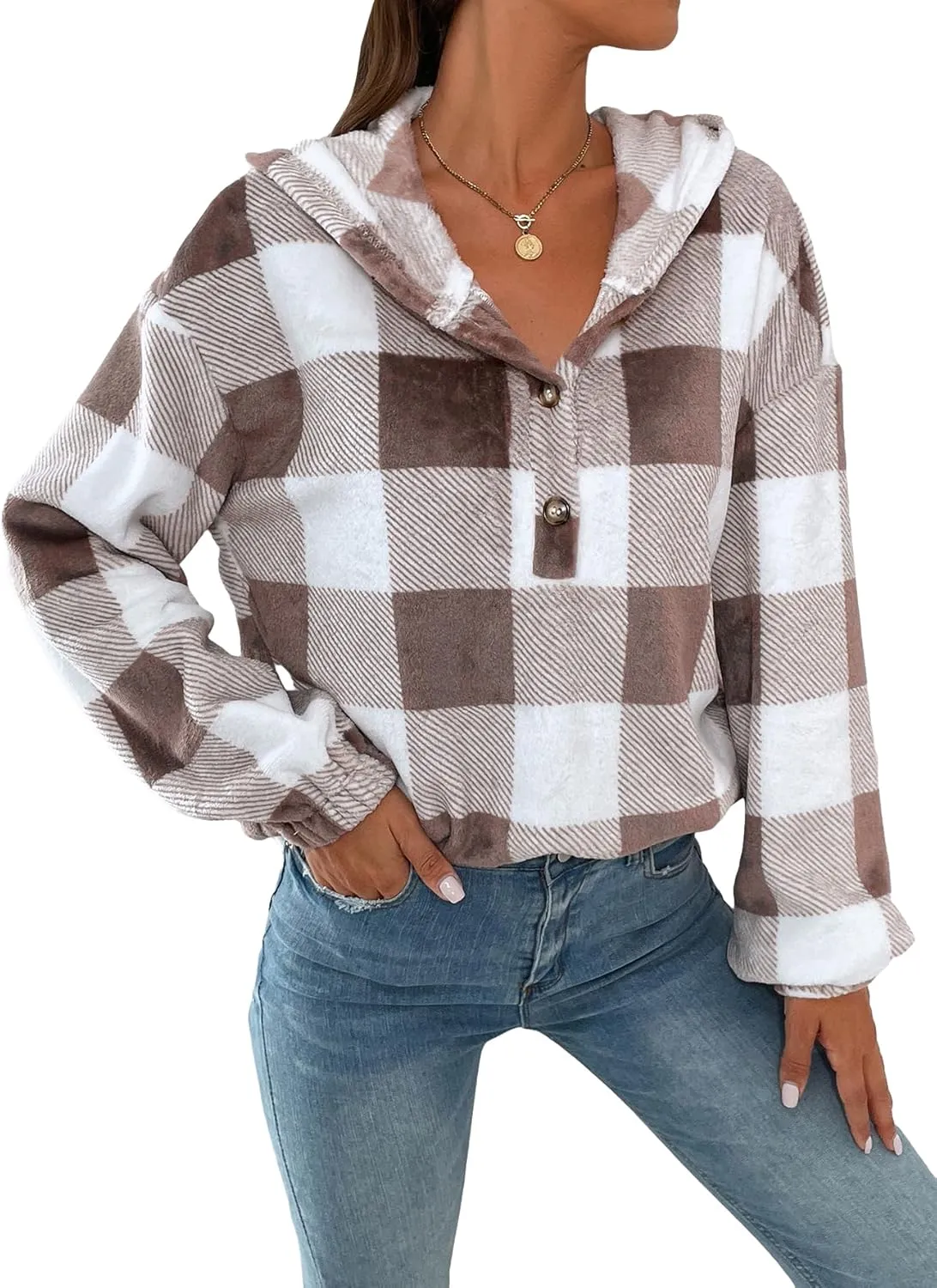 SweatyRocks Women's Plaid Print Half Button Hoodie Casual Drop Shoulder Oversized Flannel Sweatshirt