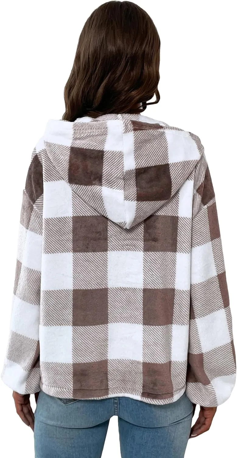 SweatyRocks Women's Plaid Print Half Button Hoodie Casual Drop Shoulder Oversized Flannel Sweatshirt