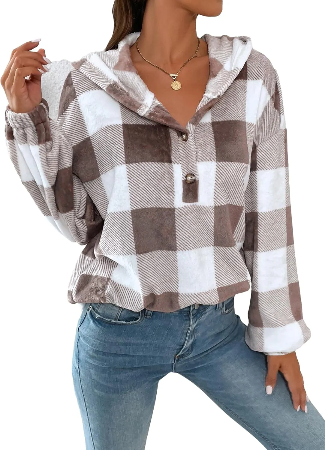 SweatyRocks Women's Plaid Print Half Button Hoodie Casual Drop Shoulder Oversized Flannel Sweatshirt