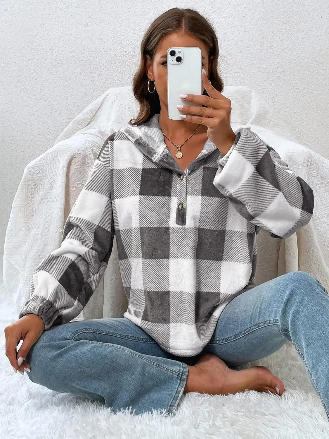 SweatyRocks Women's Plaid Print Half Button Hoodie Casual Drop Shoulder Oversized Flannel Sweatshirt
