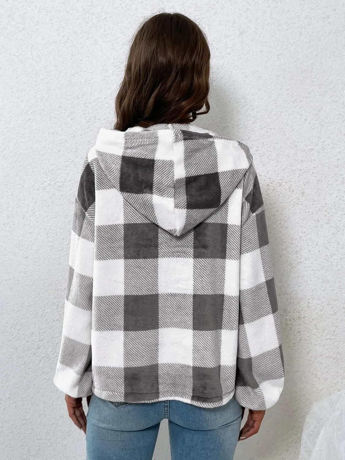 SweatyRocks Women's Plaid Print Half Button Hoodie Casual Drop Shoulder Oversized Flannel Sweatshirt