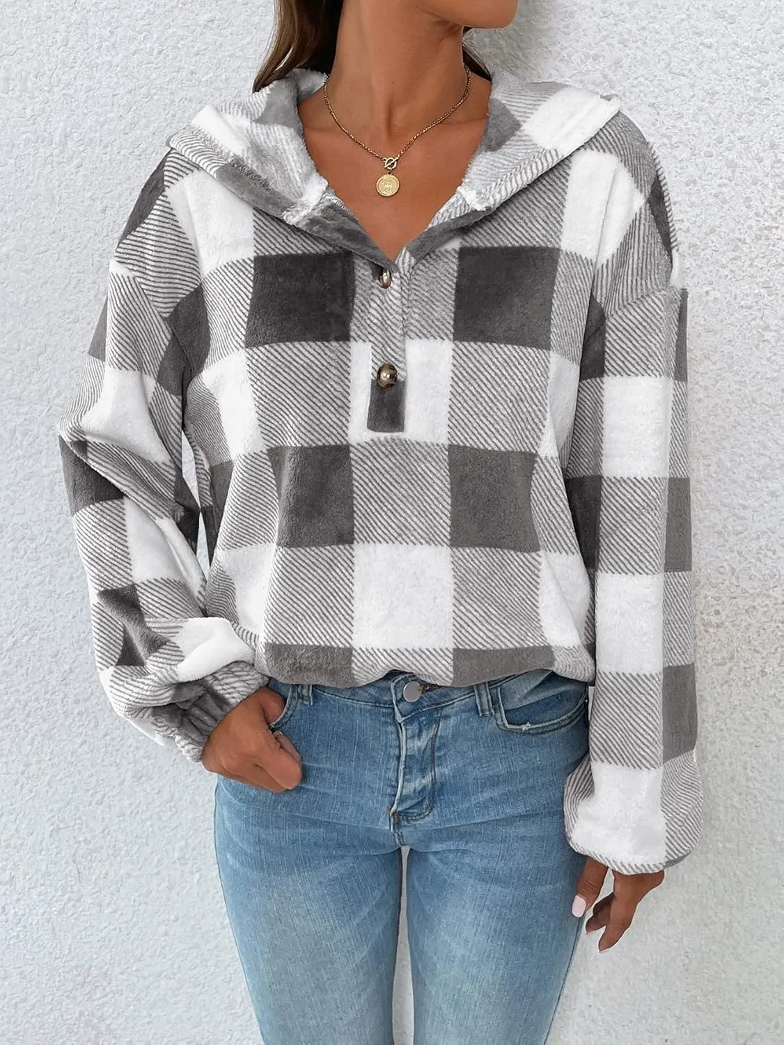 SweatyRocks Women's Plaid Print Half Button Hoodie Casual Drop Shoulder Oversized Flannel Sweatshirt