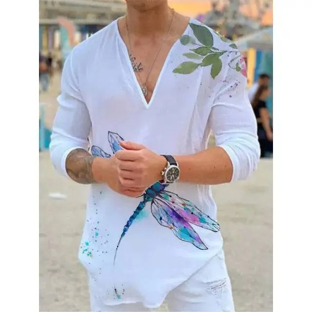 T-shirt V-neck Printing Long Sleeve Slim Breathable High Quality Solid Color Top Tee