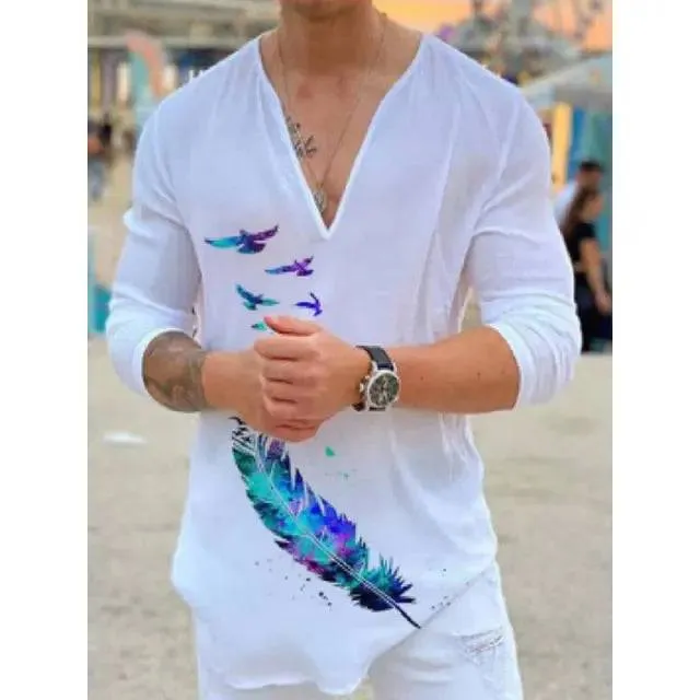 T-shirt V-neck Printing Long Sleeve Slim Breathable High Quality Solid Color Top Tee