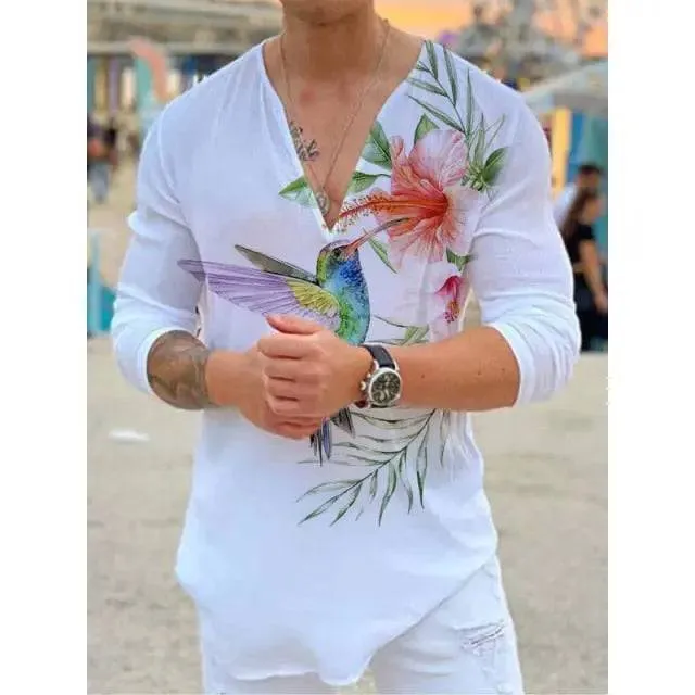 T-shirt V-neck Printing Long Sleeve Slim Breathable High Quality Solid Color Top Tee