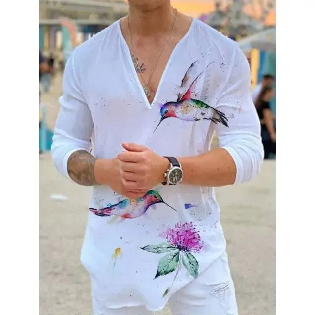 T-shirt V-neck Printing Long Sleeve Slim Breathable High Quality Solid Color Top Tee