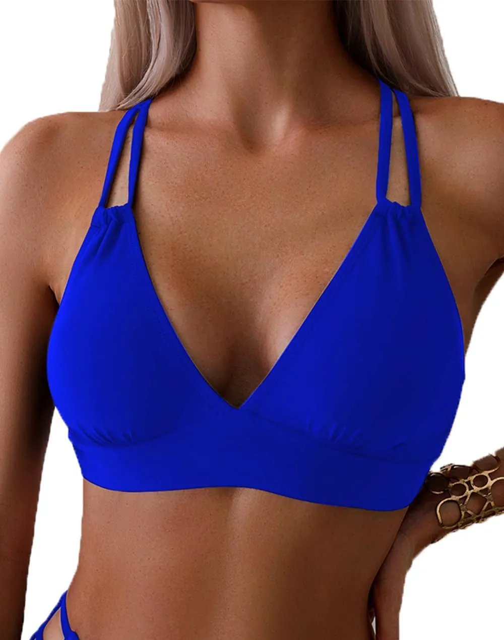 Tainehs Women's Push Up V Neck Bikini Tops Criss Cross Back Padded Bathing Suit Top Only