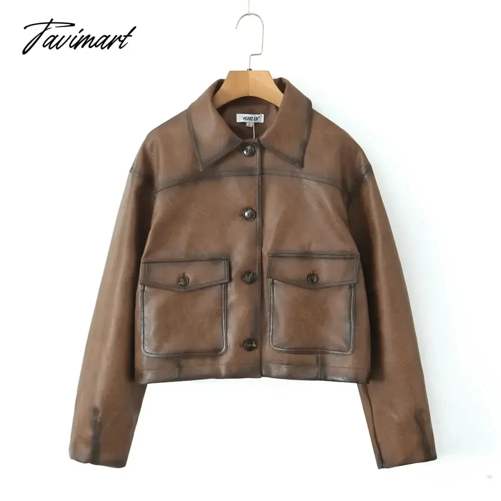 TAVIMART Faux leather jacket women Winter vintage clothes jacket women PU leather jackets y2k fashion brown jacket biker coats luxury