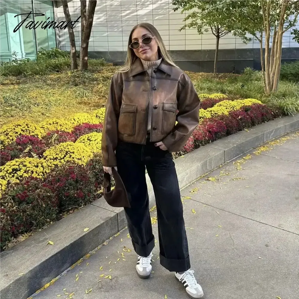 TAVIMART Faux leather jacket women Winter vintage clothes jacket women PU leather jackets y2k fashion brown jacket biker coats luxury