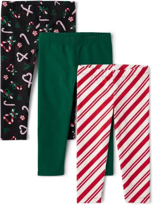 The Children's Place,Baby Girls,and Toddler Assorted Everyday Pull On Leggings,Candy Cane Christmas 3-Pack,12 Months,18 Months