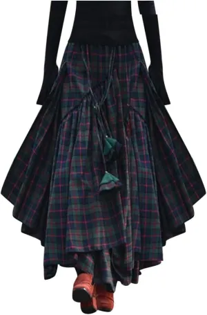Tiered Long Skorts Loose Plaid Print Fringe Irregular Waiste Skirt for Women Trendy Bottom Dress