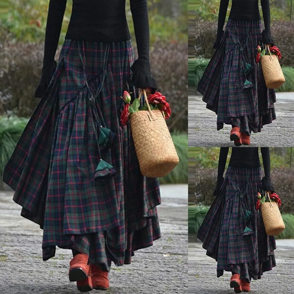 Tiered Long Skorts Loose Plaid Print Fringe Irregular Waiste Skirt for Women Trendy Bottom Dress