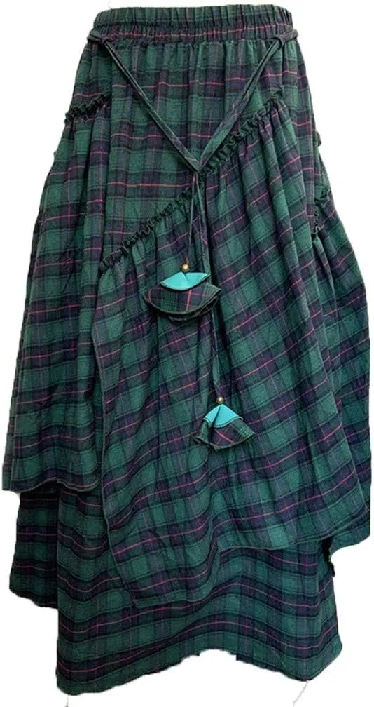 Tiered Long Skorts Loose Plaid Print Fringe Irregular Waiste Skirt for Women Trendy Bottom Dress