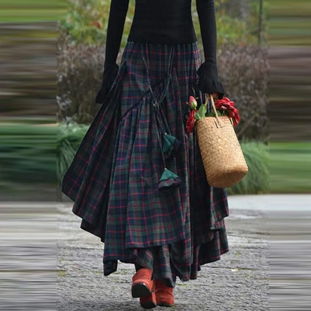 Tiered Long Skorts Loose Plaid Print Fringe Irregular Waiste Skirt for Women Trendy Bottom Dress