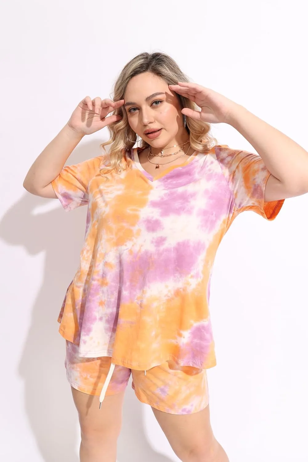 TIYOMI Plus Size 2 Piece Outfits Shorts Sets Sleeve V Neck Casual Sweatsuit Loungewear Pajamas Maternity Spring Summer