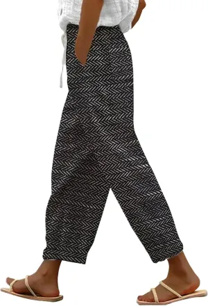 Today Deals Linen Pants Women Summer 2024 Striped Casual Elastic High Waist Straight Leg Loose Boho Trendy Trousers Cropped Trouser, 3X-Large, Women1-black