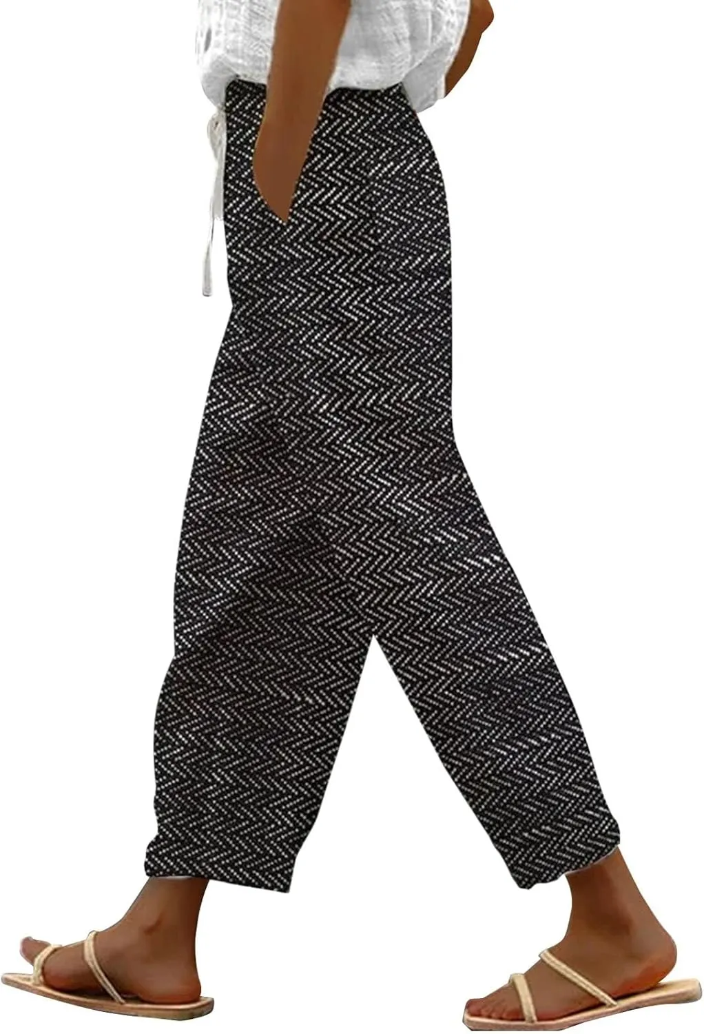 Today Deals Linen Pants Women Summer 2024 Striped Casual Elastic High Waist Straight Leg Loose Boho Trendy Trousers Cropped Trouser, 3X-Large, Women1-black