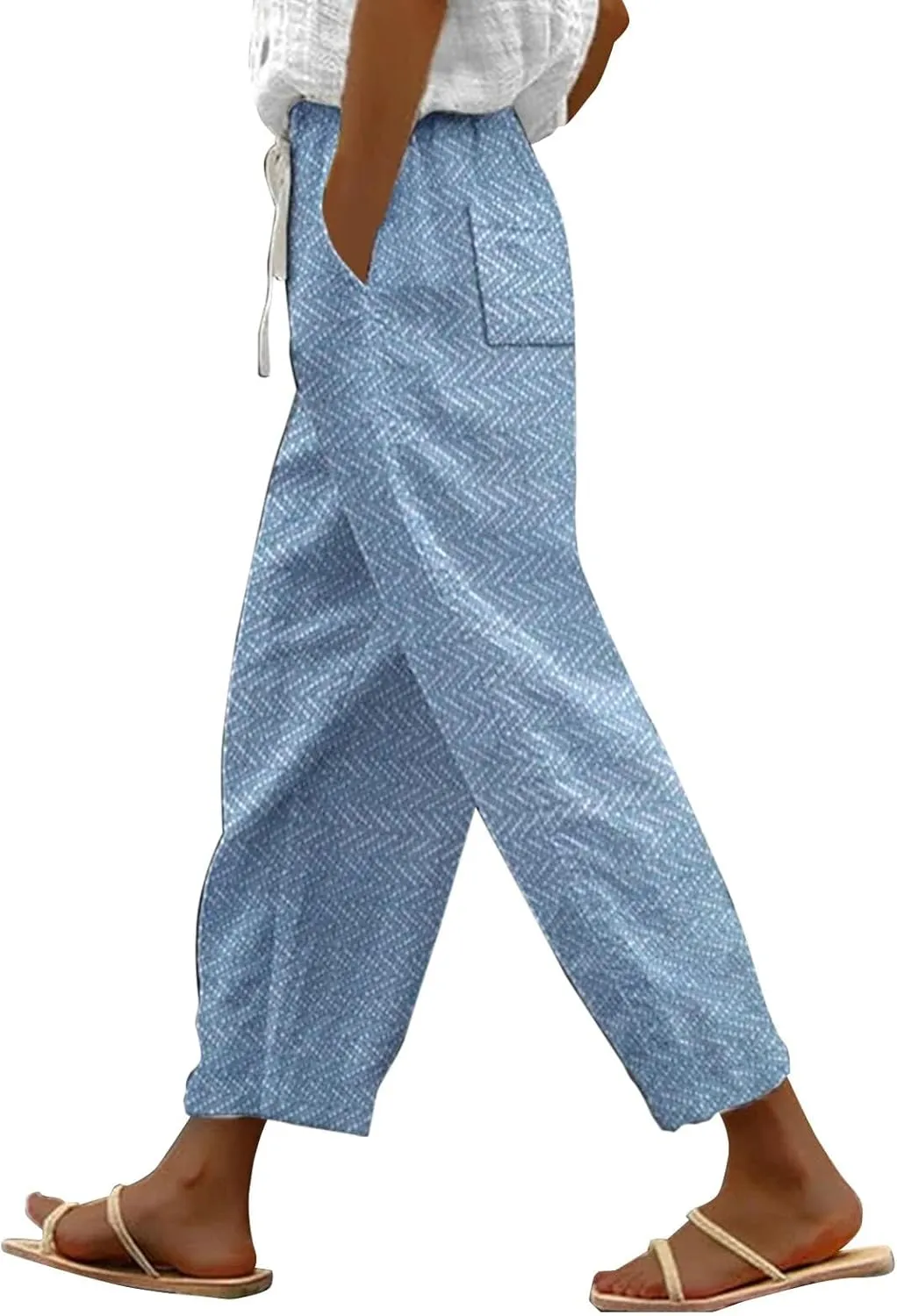 Today Deals Linen Pants Women Summer 2024 Striped Casual Elastic High Waist Straight Leg Loose Boho Trendy Trousers Cropped Trouser, Large, Women1-sky Blue