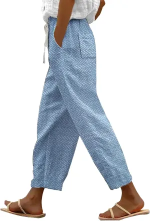 Today Deals Linen Pants Women Summer 2024 Striped Casual Elastic High Waist Straight Leg Loose Boho Trendy Trousers Cropped Trouser, Large, Women1-sky Blue