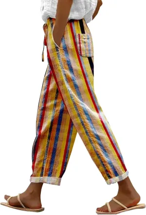 Today Deals Linen Pants Women Summer 2024 Striped Casual Elastic High Waist Straight Leg Loose Boho Trendy Trousers Cropped Trouser, XX-Large, Women1-khaki