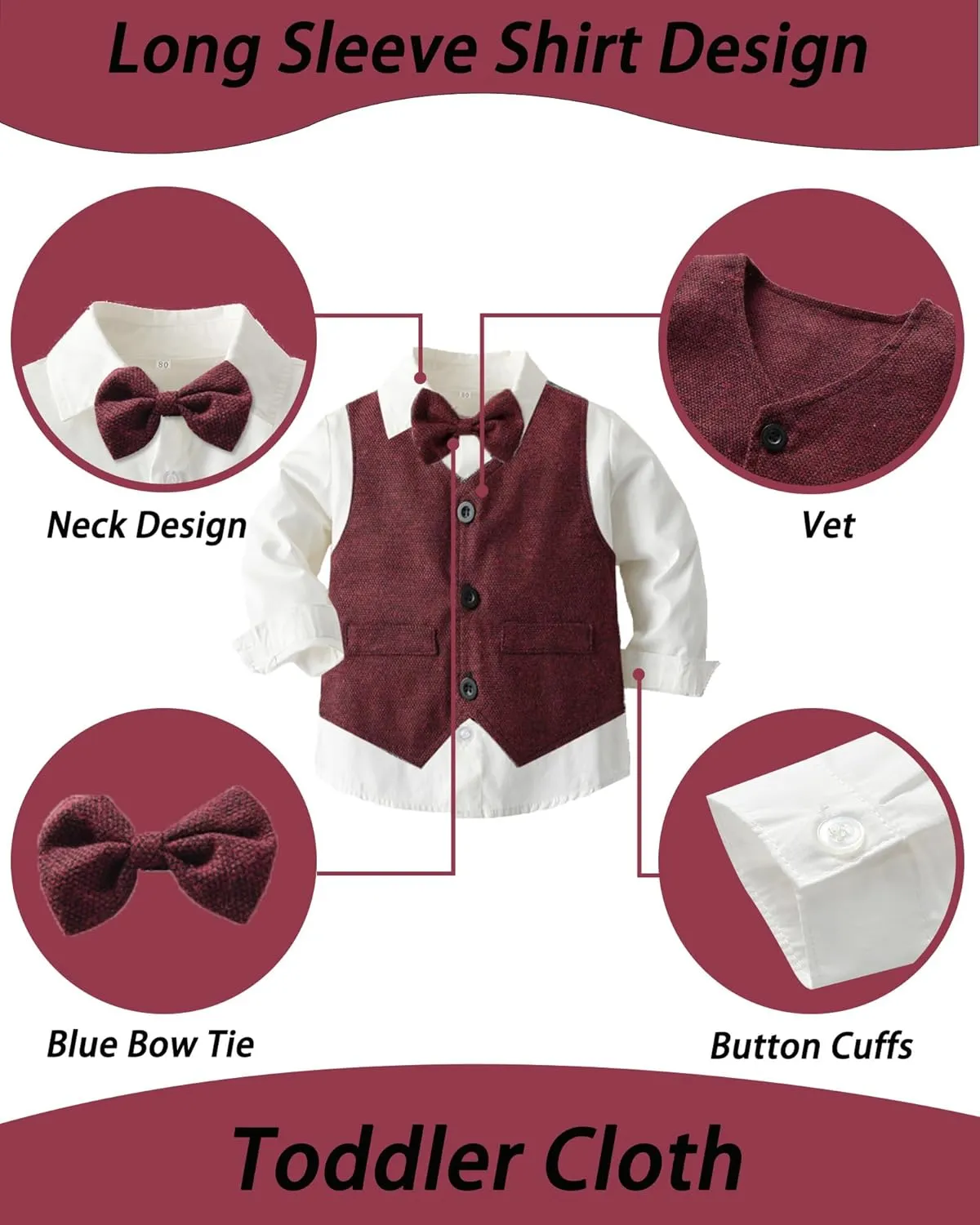 Toddler Boy Clothes Suits Boys Gentleman Outfits Set Formal Dress Shirt Vest Pants Bow Tie 1-5T
