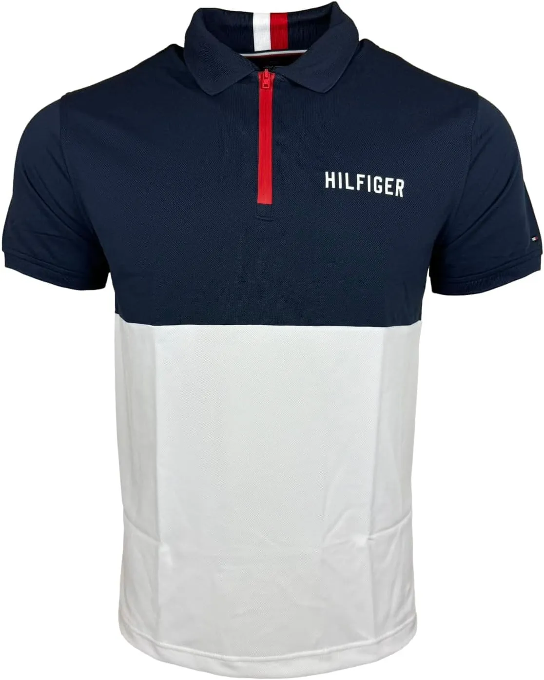 Tommy Hilfiger Men's Short Sleeve Moisture Wicking Stretch Polo Shirt with Quick Dry   UV Protection,Navy-White Colorblock,MD, Medium