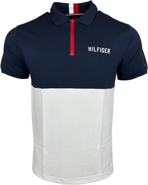 Tommy Hilfiger Men's Short Sleeve Moisture Wicking Stretch Polo Shirt with Quick Dry   UV Protection,Navy-White Colorblock,MD, Medium