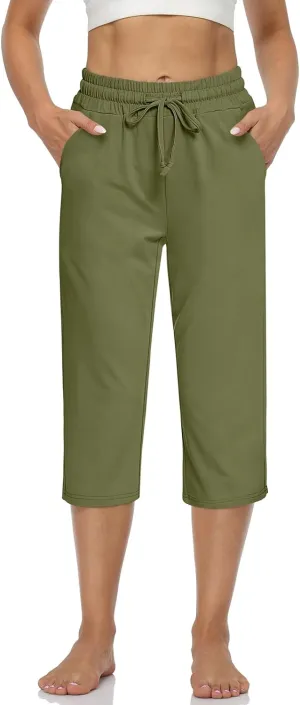 UEU Women's Comfy Drawstring Yoga Capri Pants Loose Workout Sweatpants Wide Leg Lounge Pants with Pockets