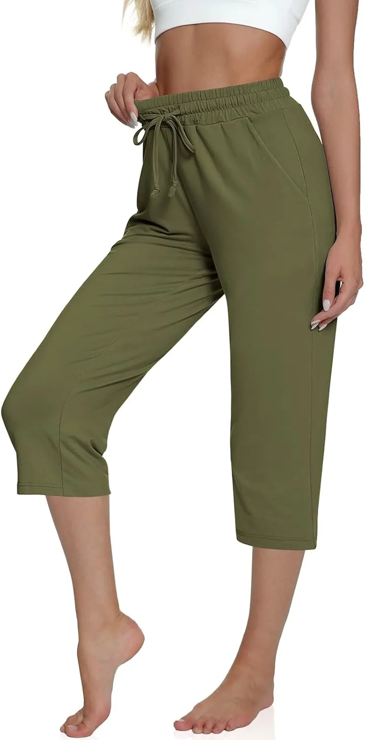 UEU Women's Comfy Drawstring Yoga Capri Pants Loose Workout Sweatpants Wide Leg Lounge Pants with Pockets
