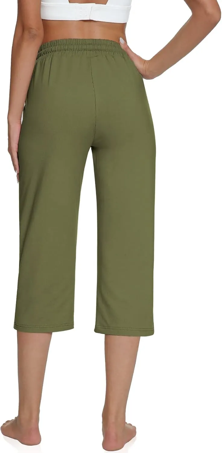 UEU Women's Comfy Drawstring Yoga Capri Pants Loose Workout Sweatpants Wide Leg Lounge Pants with Pockets