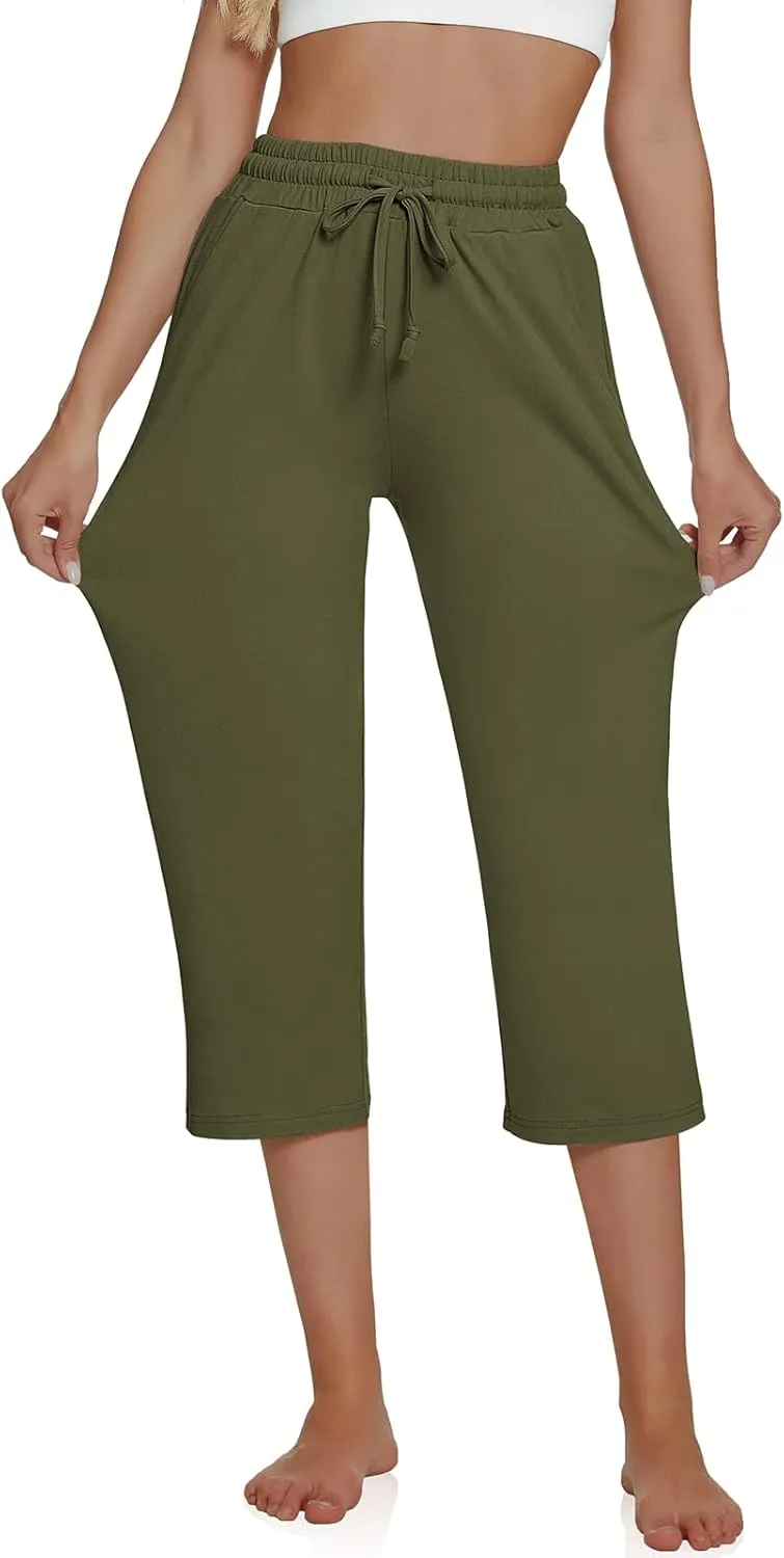 UEU Women's Comfy Drawstring Yoga Capri Pants Loose Workout Sweatpants Wide Leg Lounge Pants with Pockets