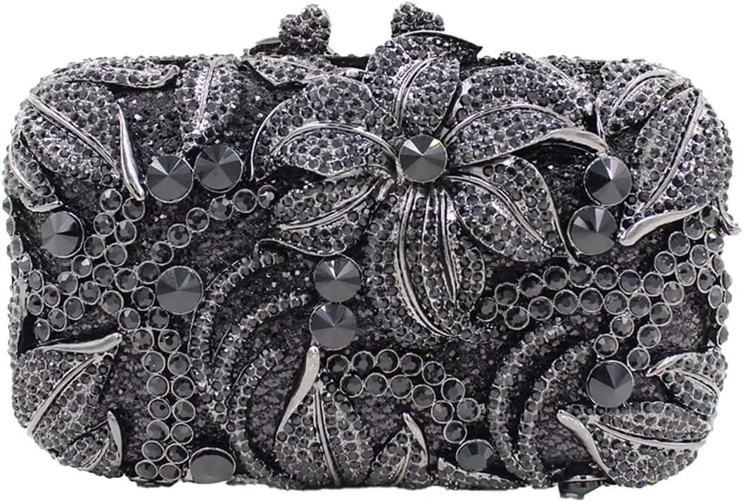 UMREN Elegant Crystal Women Flower Clutch Rhinestone Evening Bag Wedding Bridal Handbag Diamond Floral Purse for Party Prom
