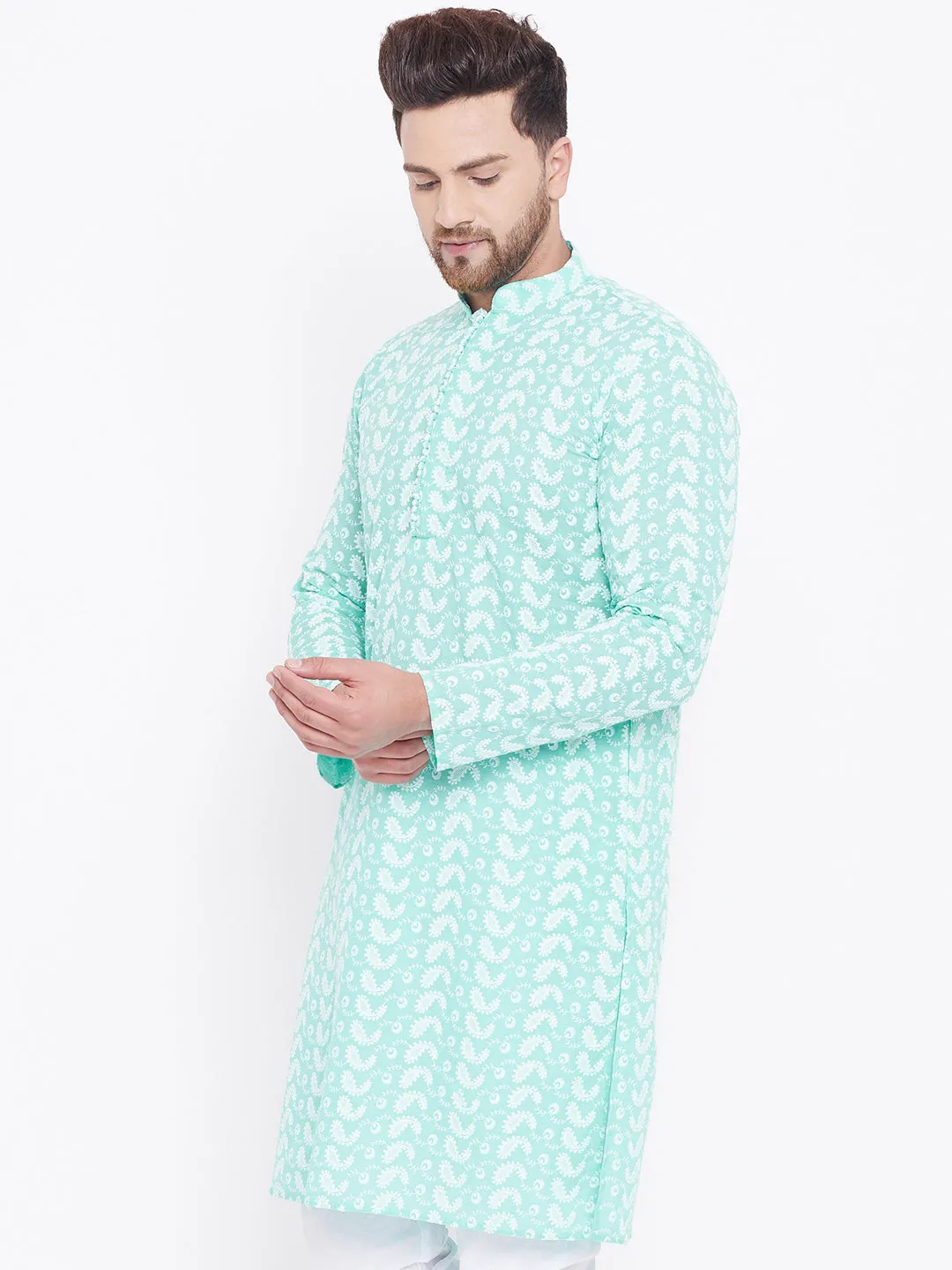 VASTRAMAY Men's Green Pure Cotton Chikankari Kurta