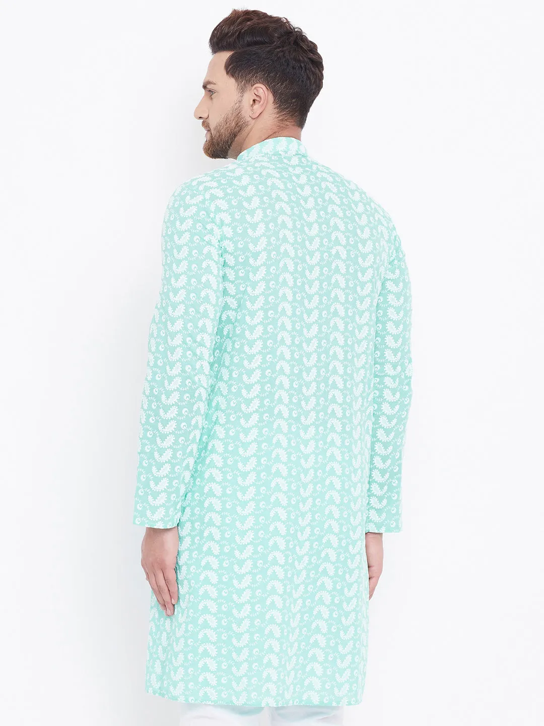 VASTRAMAY Men's Green Pure Cotton Chikankari Kurta
